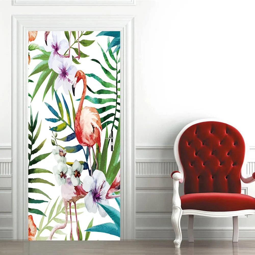 

Tropical Plants Watercolor Door Stickers Home Decoration Modern Flamingo Bedroom Living Room Decoration Waterproof Two Pieces