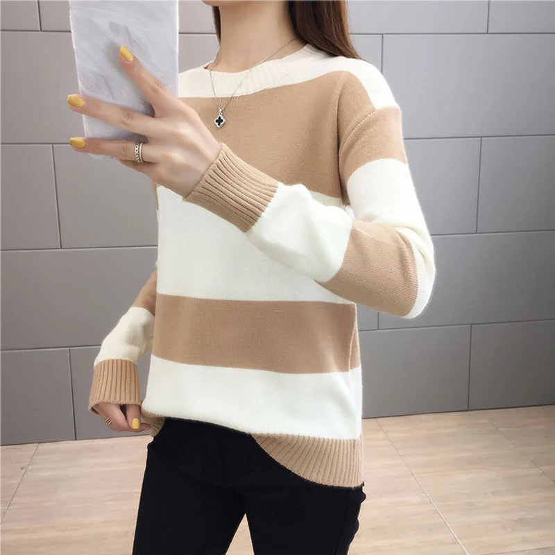 Женский вязаный свитер Lucyever разноцветный в полоску с круглым вырезом и длинными