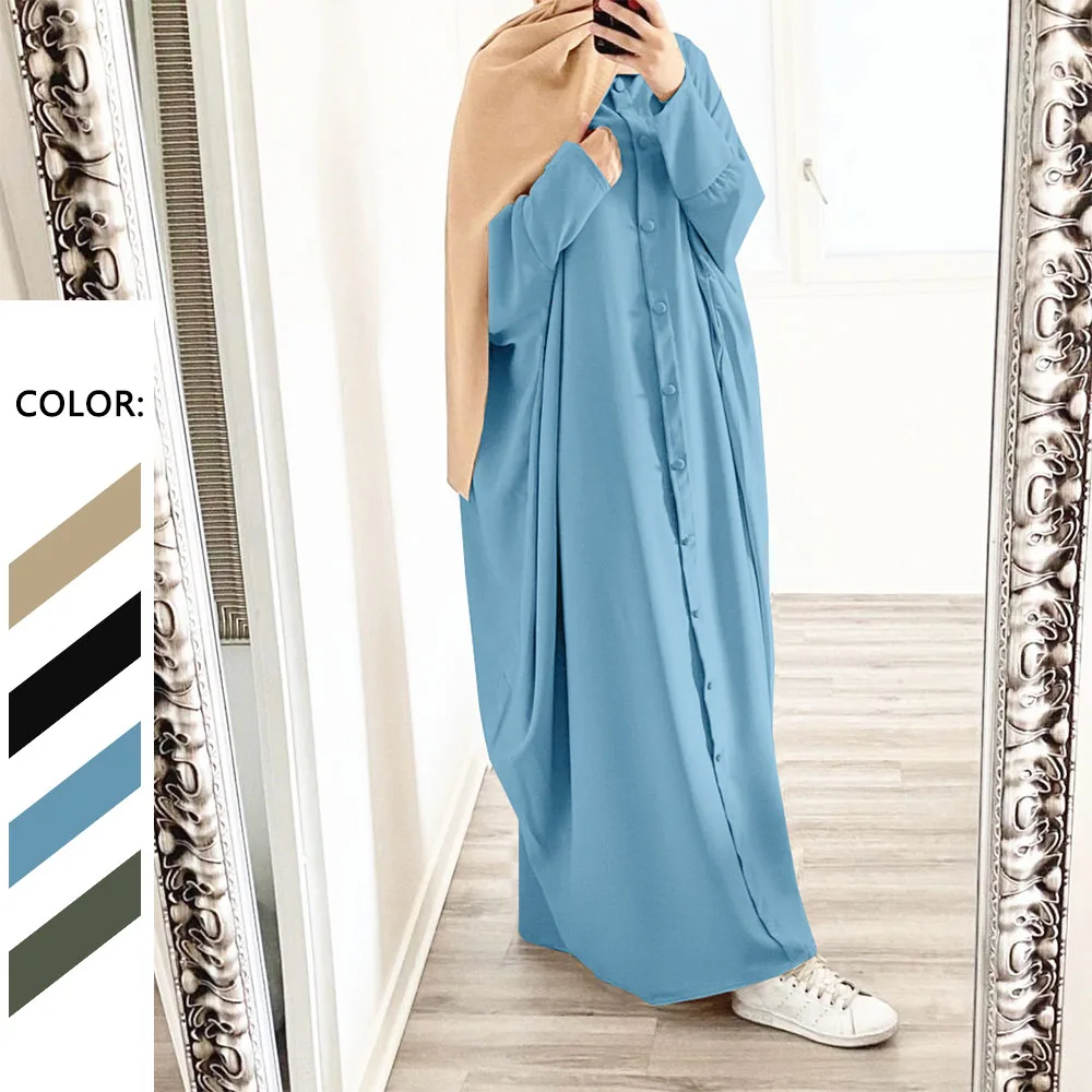 

New Hot Sale Djellaba Muslim Dress Single Breasted Abaya Silky Elegant Long Islamic Abayas Women Modest Wear Clothing EID Robes