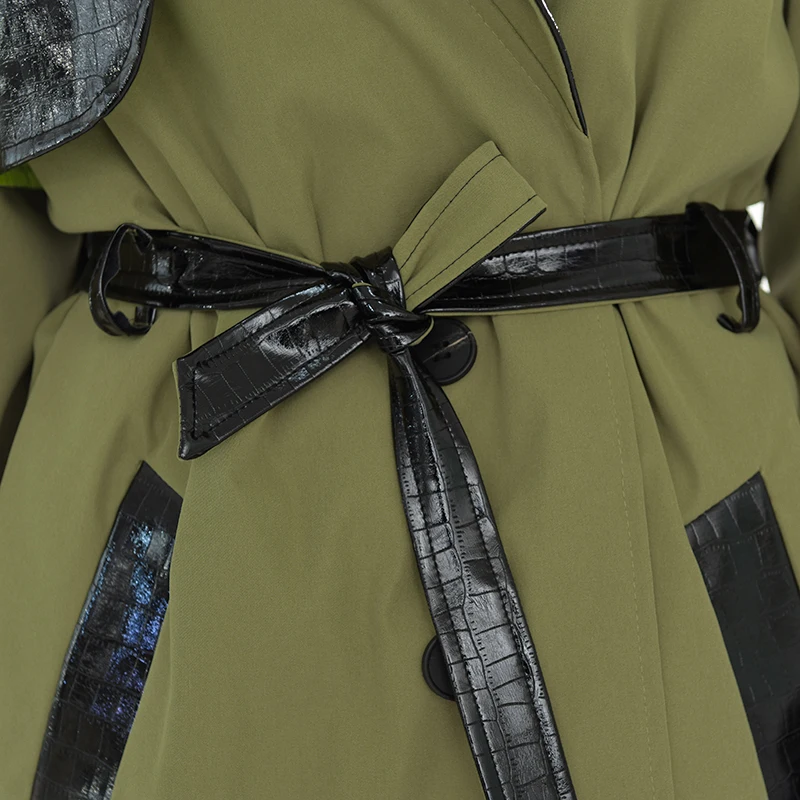 

IEQJ Women Double Button Patchwork PU Leather Lace Up Long Sleeve Casual Jacket Large 2021 Spring Autumn New Ary Green