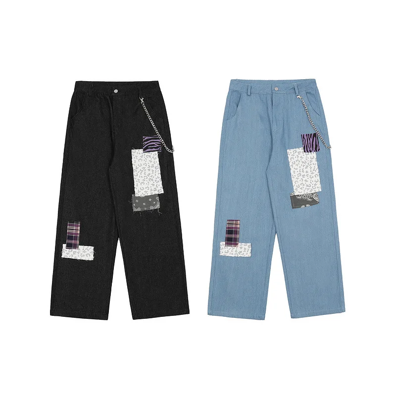 

Patchwork jeans chain decorative trousers Hip Hop distressed jeans 2021 men designer jeans for men UZ607