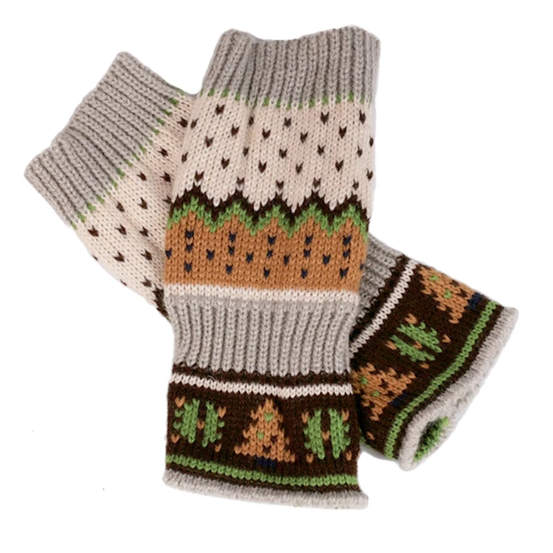 

Winter Knitted Fingerless Gloves Christmas Tree Jacquard Thumbhole Arm Warmers T5UF