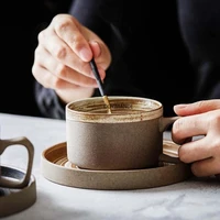 retro pottery coffee cup set creative handmade ceramic cups with dish milk water mug breakfast mugs home tableware wholesale