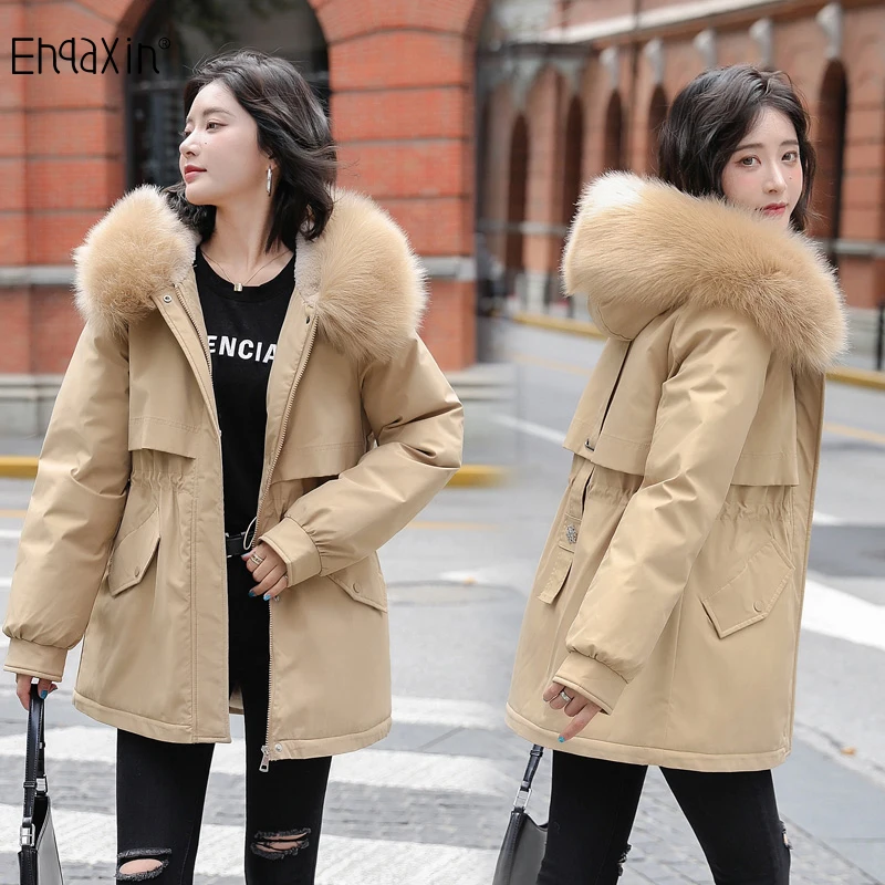 EHQAXIN Down Jacket Female 2022 Winter Fashion Hooded Fur Collar Cotton Jacket Down Jacket Thicken Plus Fleece Loose Coat M-3XL