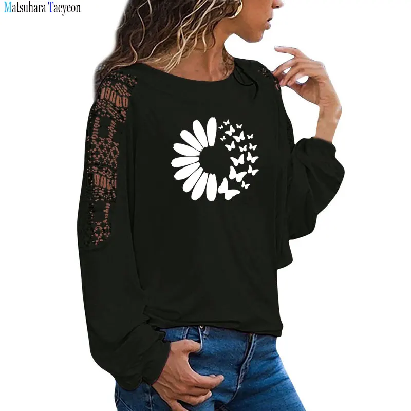 

NEW 2021 T Shirt Women Vintage Flowers Daisy Print Harajuku Tees Tops Long Sleeve O Neck Shirt Female Clothes Camisetas Mujer