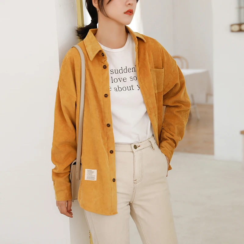 Женские вельветовые рубашки Mozuleva простые свободные однобортные блузки