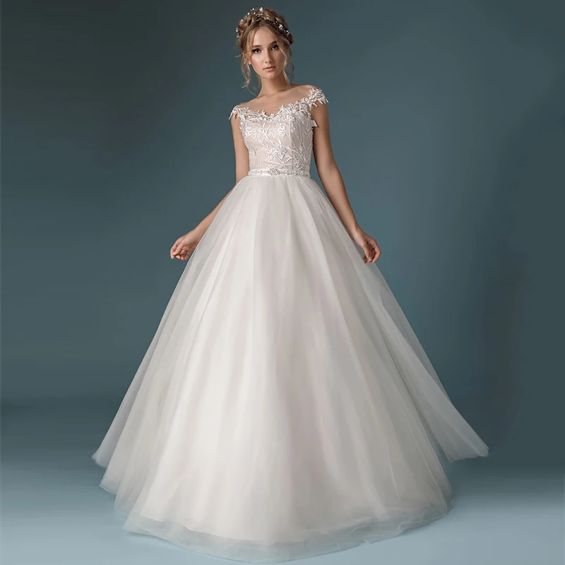 

Elegant Sweep Train A-line Wedding Gowns 2021 Scoop Neck Appliques Cap Sleeve Bridal Dress with Lace-up Back