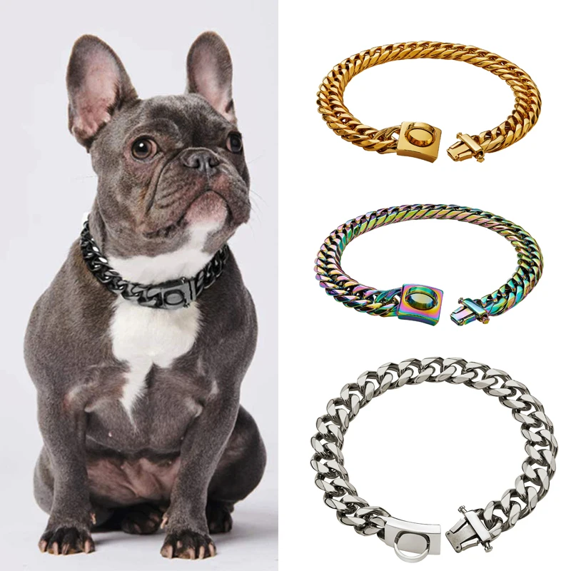 

Dog Chain Collar Stainless Steel 18K Gold Necklace 16MM Heavy Duty Choke Collar Cuban Jewelry Accessories Collar for Large Dogs