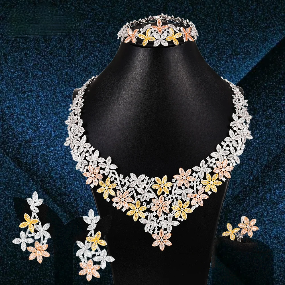 

KellyBola Sweet Cute Romantic Full Flowers Necklace Earrings Bracelet Ring 4PCS Cubic Zirconia Bridal Women Wedding Jewelry