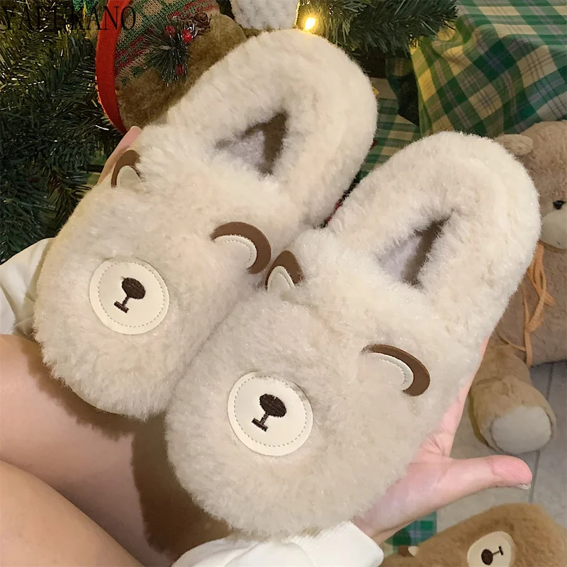 

2021 Women Fluffy Fur Slippers Cute Bear Floor Slipper Short Plush Fleece Flat Couple Shoes Lady Indoor Warm Plush Cotton Shoes