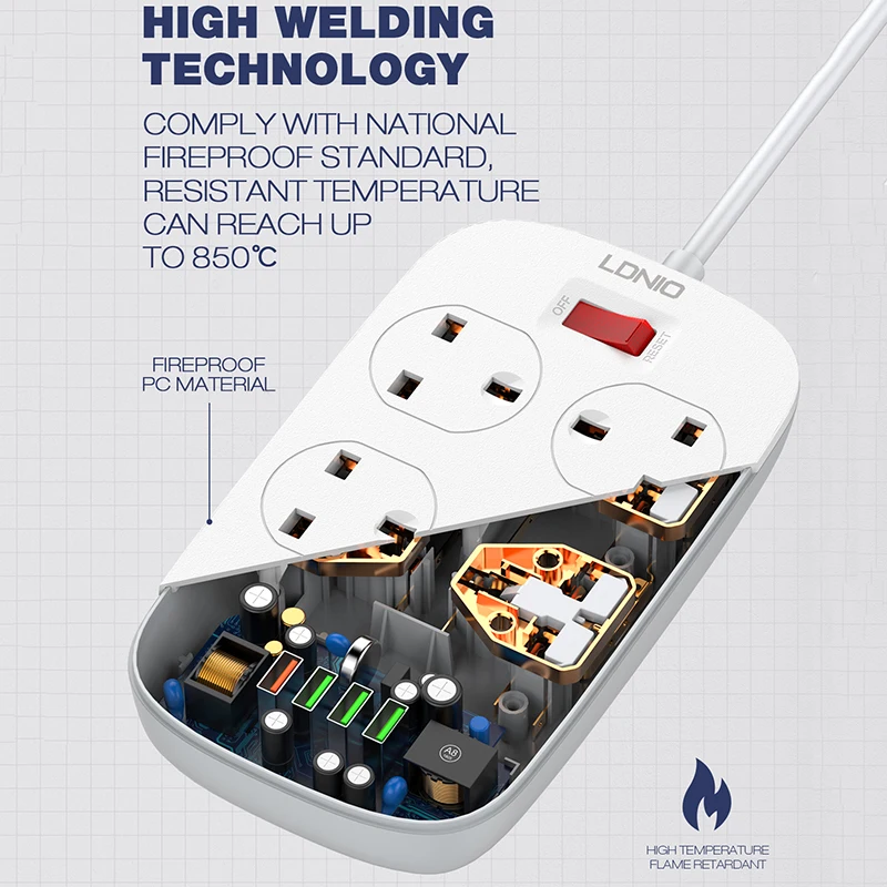 UK Power Strip Защита от перенапряжения с 4 выходами + 3 Смарт USB 18 Вт Быстрая зарядка 0