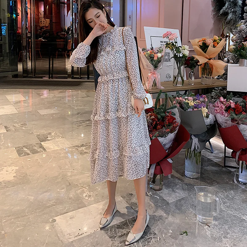 BGTEEVER Vintage Floral Print Chiffon Dress Women Ruffles Elastic A-line Female Midi 2019 Autumn Chic Vestidos Femme Женская одежда