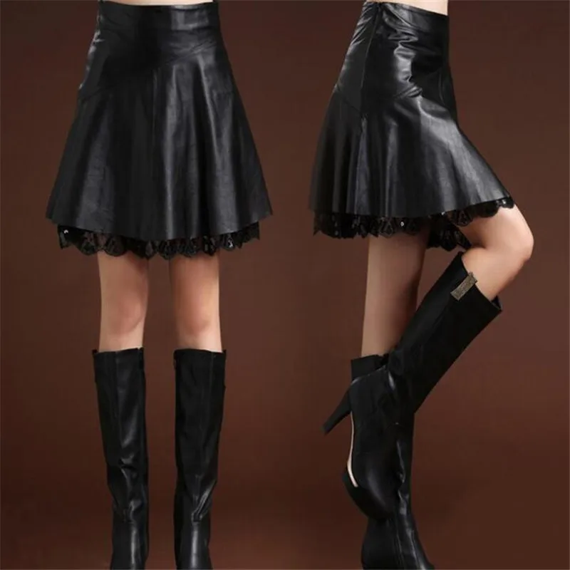 Hot Promotional High Waist Short Pleated Skirt 2022 New PU Leather Lace Stitching Fashion Black Women | Женская одежда