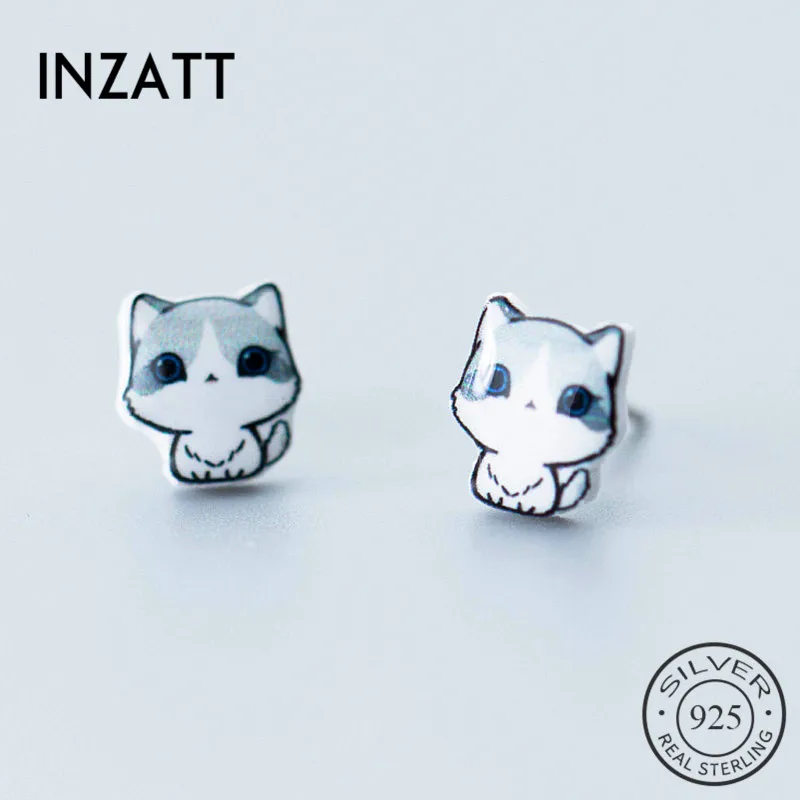 

INZATT Real 925 Sterling Silver Minimalist Cute Cat Stud Earrings For Fashion Woman Party Cute Fine Jewelry Accessories Gift