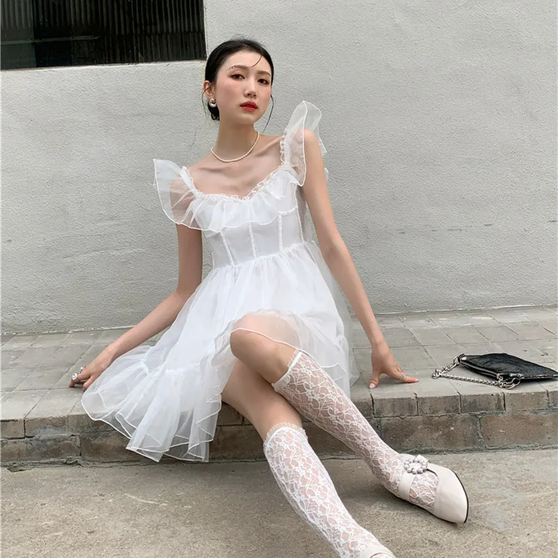 

Women White Elegant Gauze Spliced Cotton Mini Dress Female Summer Sweet Designed Thin Dresses Ladies Slim New Vestidos ML307
