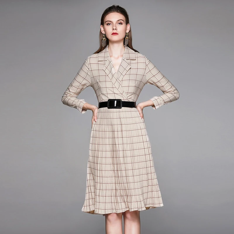 

Dress Woman Party Night Long Sleeve Office Lady Dress Plaid Sashes Pink Apricot V-Neck Elegant Casual 2019 Autumn Dress Vintage