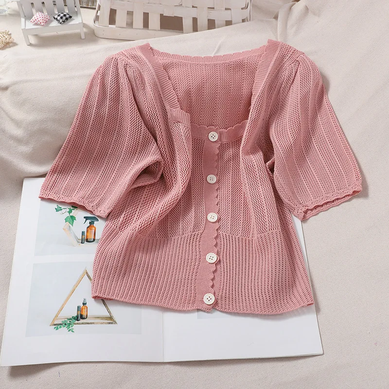 Summer Autumn Sweater Women Cardigan New Fashion Square Collar Short Tops Casual Slim Sweet Single-Breasted Thin Korean |