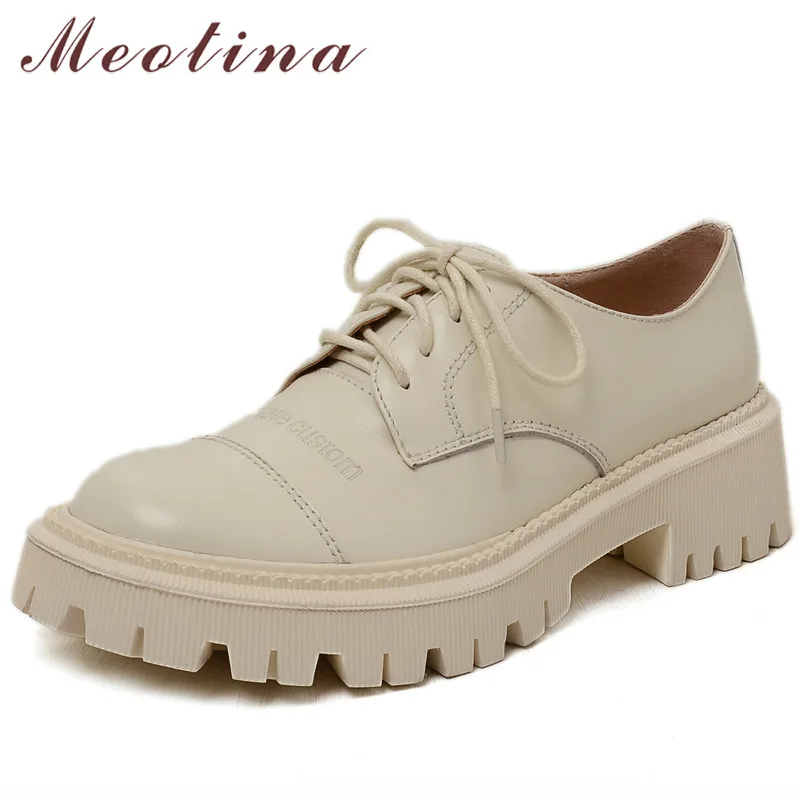

Meotin Women Shoes Med Heels Real Leather Platform Block Heel Pumps Lace Up Round Toe Casual Footwear Ladies 2021 Spring Beige