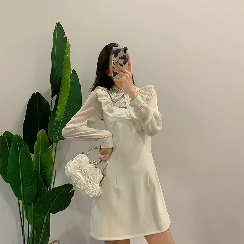 

2021 spring new beaded diamond full sleeve mini dress women stitching mesh ruffled perspective ladies sweet dress y804