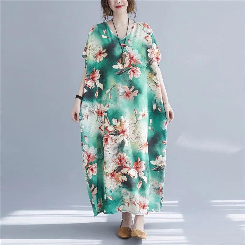 Платье женское хлопково-атласное с коротким рукавом винтажное длинное пляжное