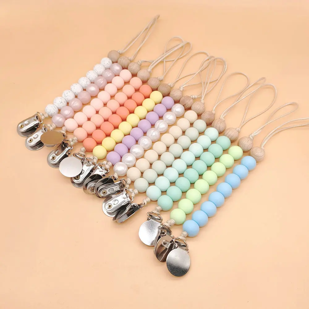 

BPA Free Pacifier Clips Chain Food Grade Silicone Beads DIY Dummy Stainless Steel Pacifier Clip Holder Baby Teething Toys