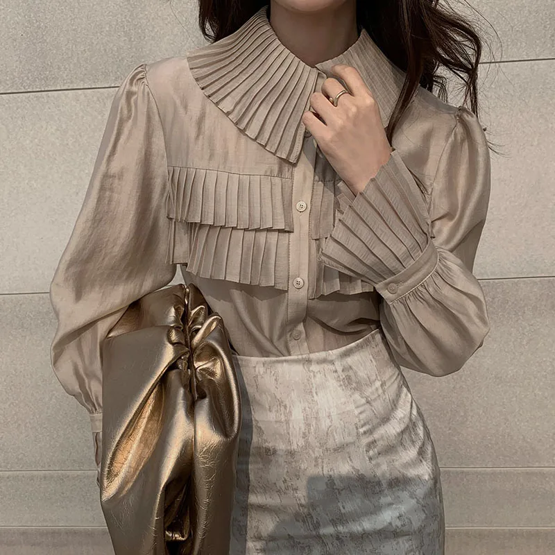 Плиссированная блузка Просвечивающая женская рубашка новинка весны 2021 модные