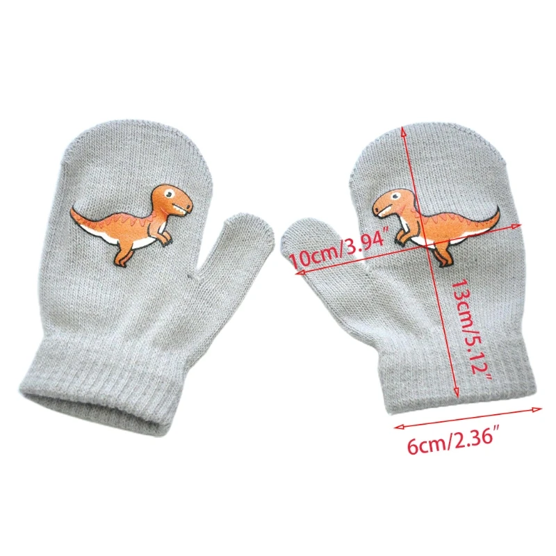 

Kids Winter Warm Knit Full Finger Gloves Cartoon Dinosaur Print Stretchy Mittens T5UF
