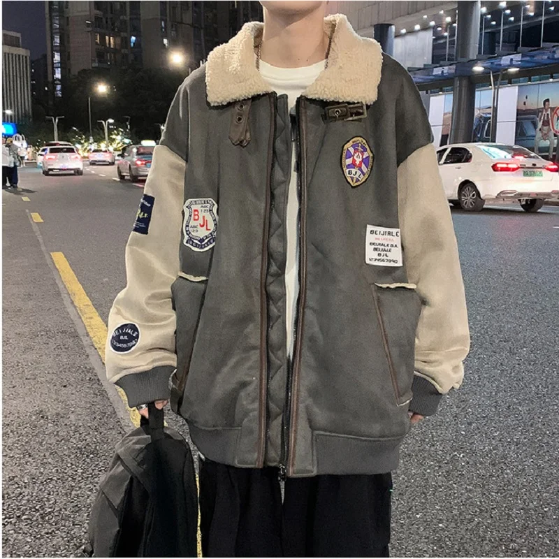 Men's Fashion Imitation Lamb Velvet Jacket Winter Plus Velvet Thickening Tooling Cotton Clothing Trendy Brand Loose Warm Jacket