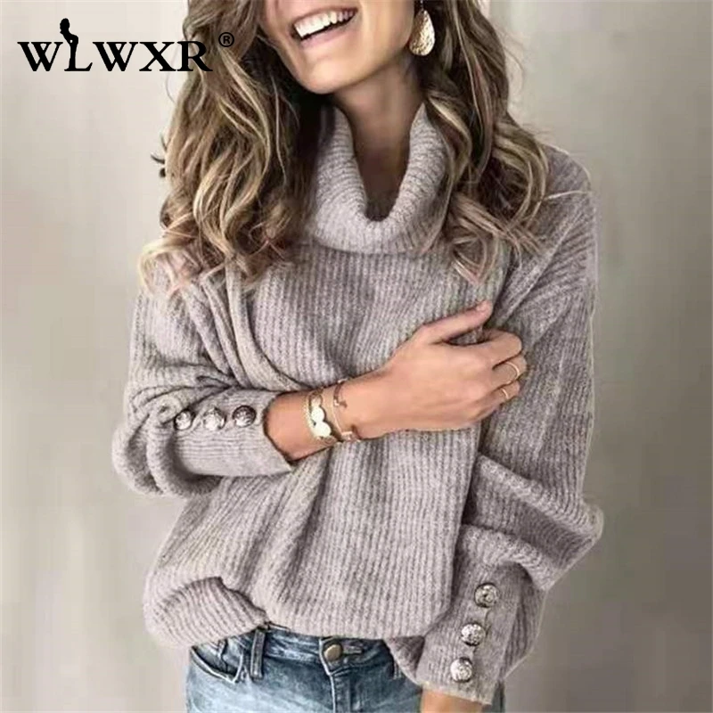 Женский вязаный свитер WLWXR повседневный зеленый в рубчик с высоким воротником