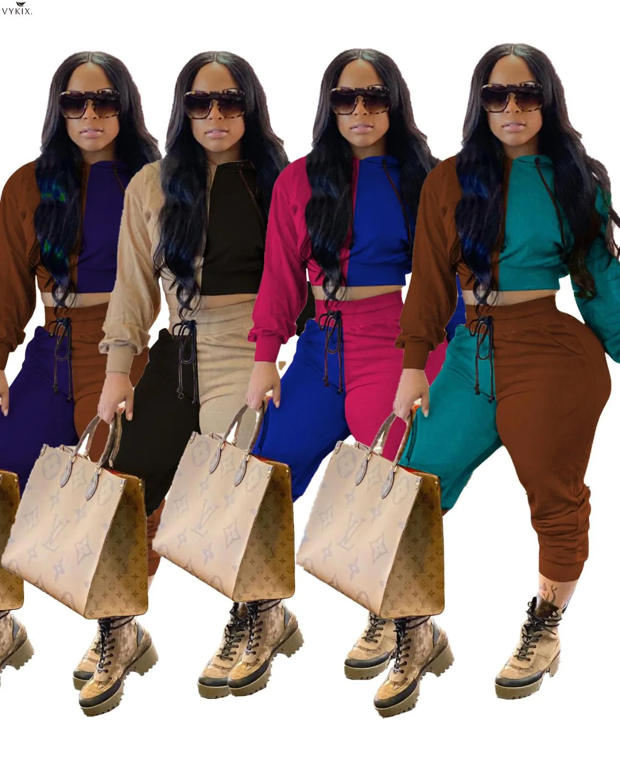 

Fashion Active Patchwork 2 Piece Outfits For Women Hoodies Crop Top Jogger Pants Matching Sets Sportwear Fitness Tracksuit Suits