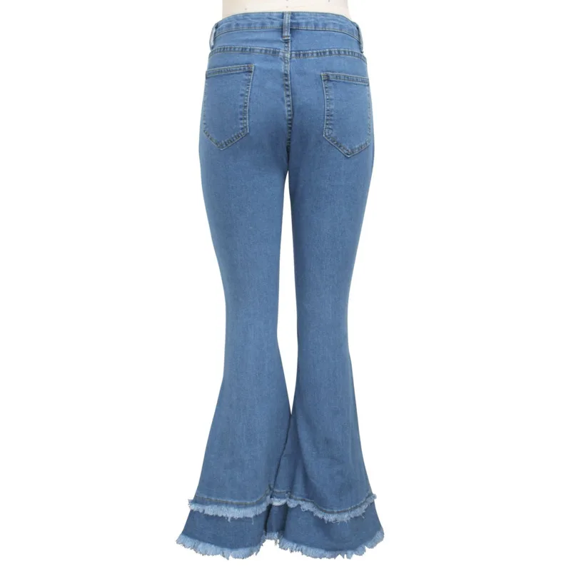 

High Waist Hem Tassel Jeans Women Jeans Denim Skinny Full Length Woman's Vintage Flare Jeans