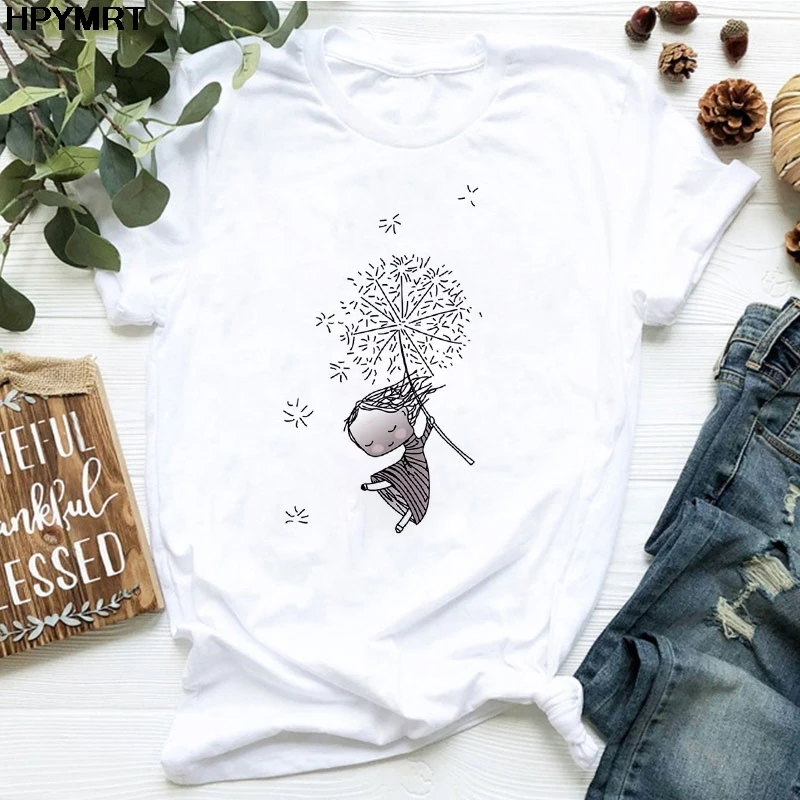 

Cartoon dandelion girl Print Women Tshirt Casual white T-shirt Funny T Shirt Gift For Lady Young Girl Tops 2020 new Summer tees