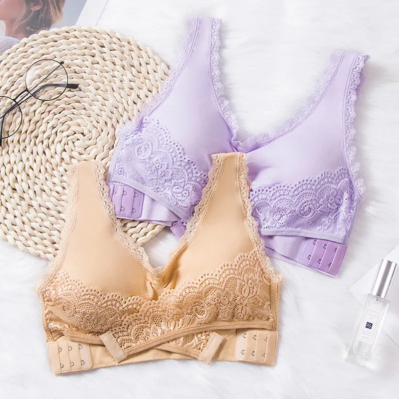 

7 Color Lace Breathable Wireless Solid Cross Side Buckle Without Rims S-3XL Gathered Running Sports Underwear Sleep Bra