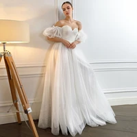 sparkly off the shoulder tulle wedding dress 2022 short puff sleeves lace appliques beach boho bride gown robe de mariage