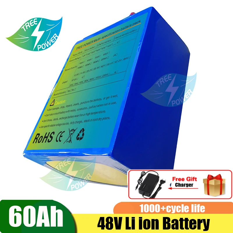 

48V 60AH lithium ion battery BMS li ion battery for 3000w AGV scooter bike Tricycle inverter golf cart boat + 10A Charger