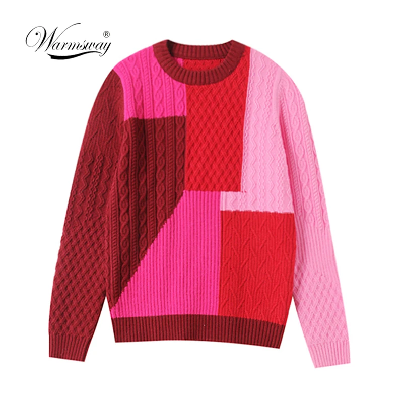 Контрастные цвета лоскутные пуловеры свитера для женщин зима 2020 твист длинный