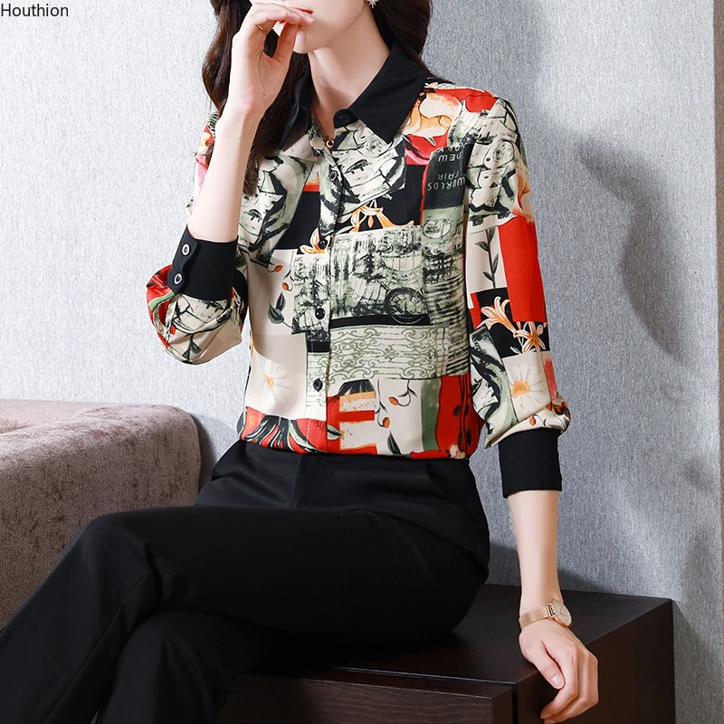 

Summer New Women's Blouses Polo Shirt Long Sleeve Top Printed Satin Casual Fashion Loose Houthion