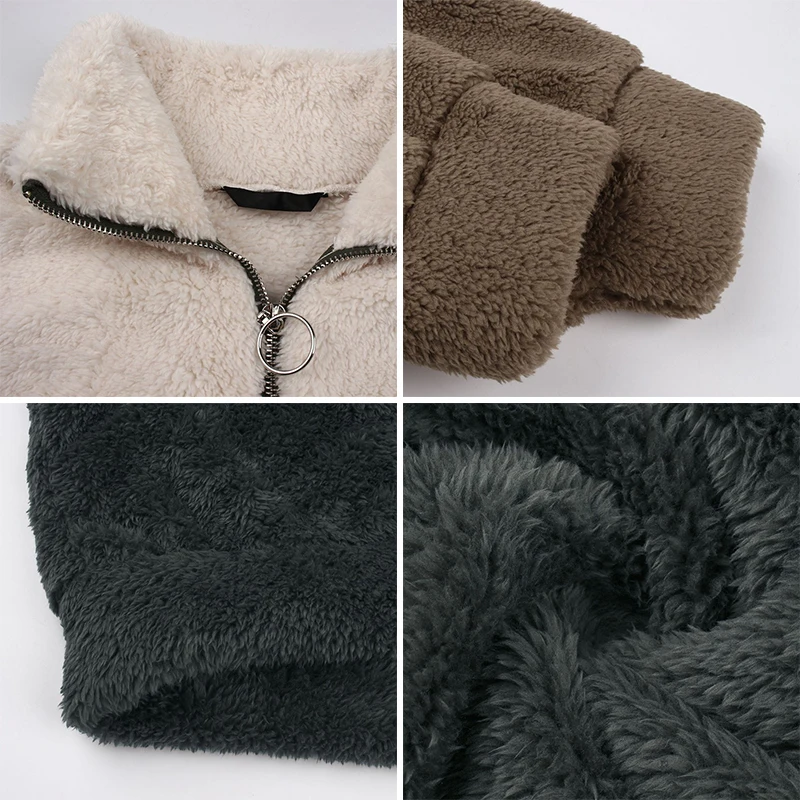 

Women's Fleece Top Autumn Winter Turn Down Collar Patchwork Zipper Ladies Loose Pullover Long Sleeve Warm Coats for Female