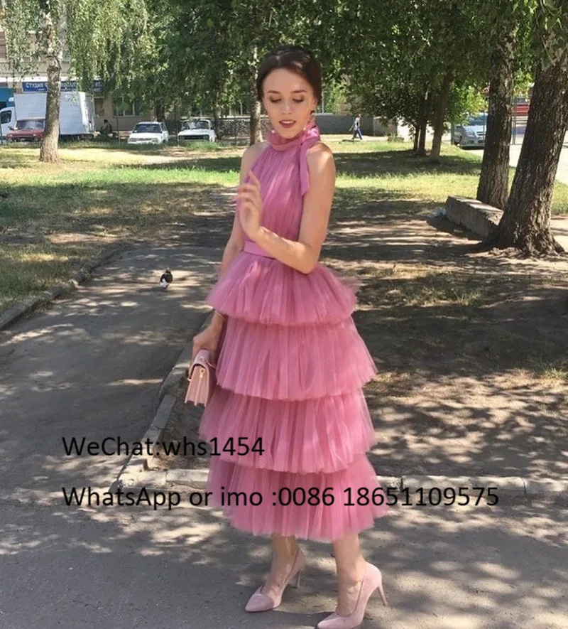 Mbcullyd Tea Length Long Evening Dress For Women 2020 Sexy Halter Neck Middle East Tulle Prom Dresses Robe De Soiree Cheap Sale | Свадьбы и