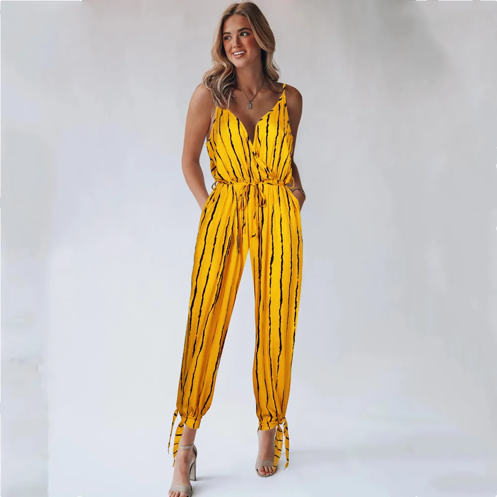

Jumpsuits Women Jumpsuit Woman Sexy Summer V-Neck Straps Striped Print Sleeveless Pockets Rompers Overalls For Women Playsuits
