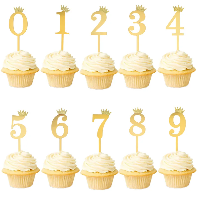 

10pcs Number Cake Topper Gold Acrylic Cupcake Toppers for Kids Adults Birthday Party Decoration Cake Decor Wrapping Supplies