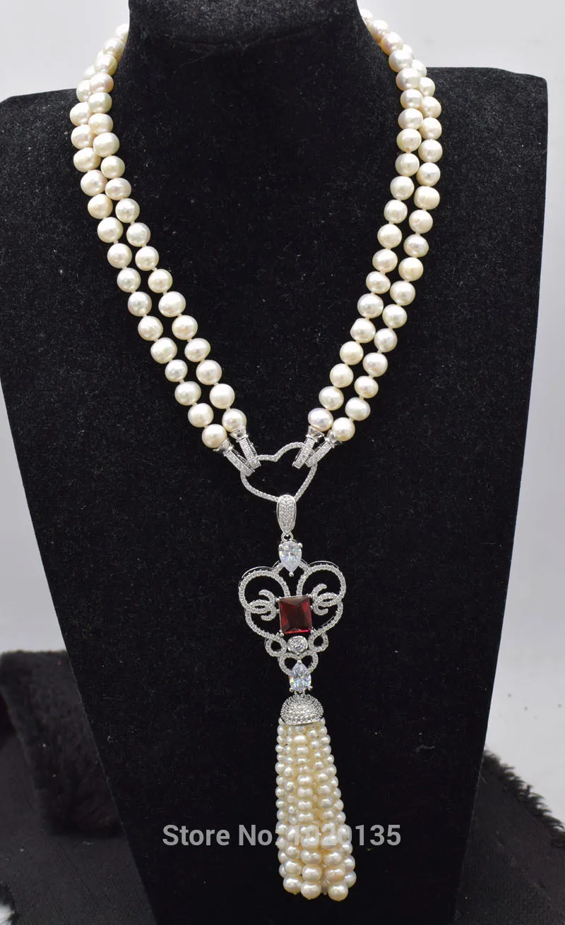 

2rows white freshwater pearl round red zircon pendant tassel necklace 18-19inch wholesale beads nature gift discount