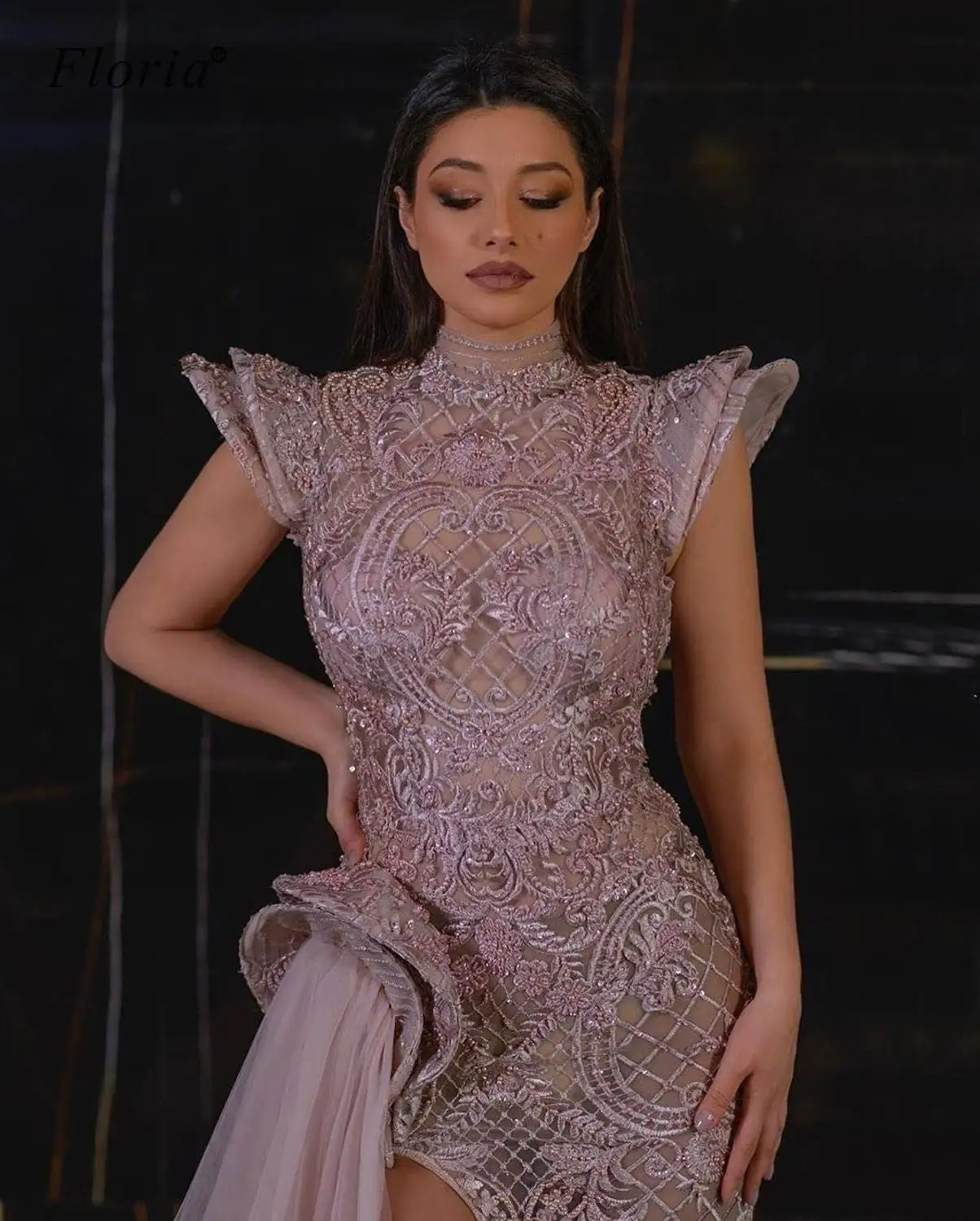 Arabic Blush Pink Prom Dresses 2020 Long Mermaid Lace Evening Dresses With High Cut Dubai Special Women Party Dresses Robes