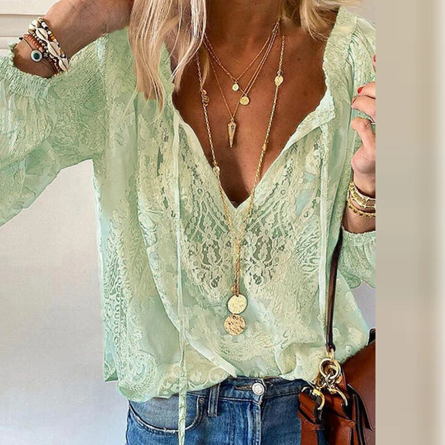 

Summer Women Blouses Elegant V Neck Long Sleeve Pink Shirt Female Blouse Lace Casual Flower Hollow Casual Shirts Ladies Blouses