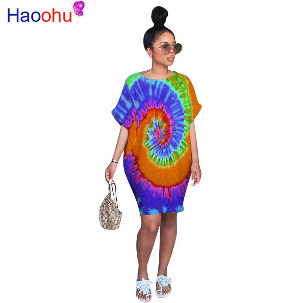 

HAOOHU Summer Women O-neck Short Sleeve Tie Dye Black Hole Printed Loose Mini Dress Female Fashion Classic Dresses Vestidos