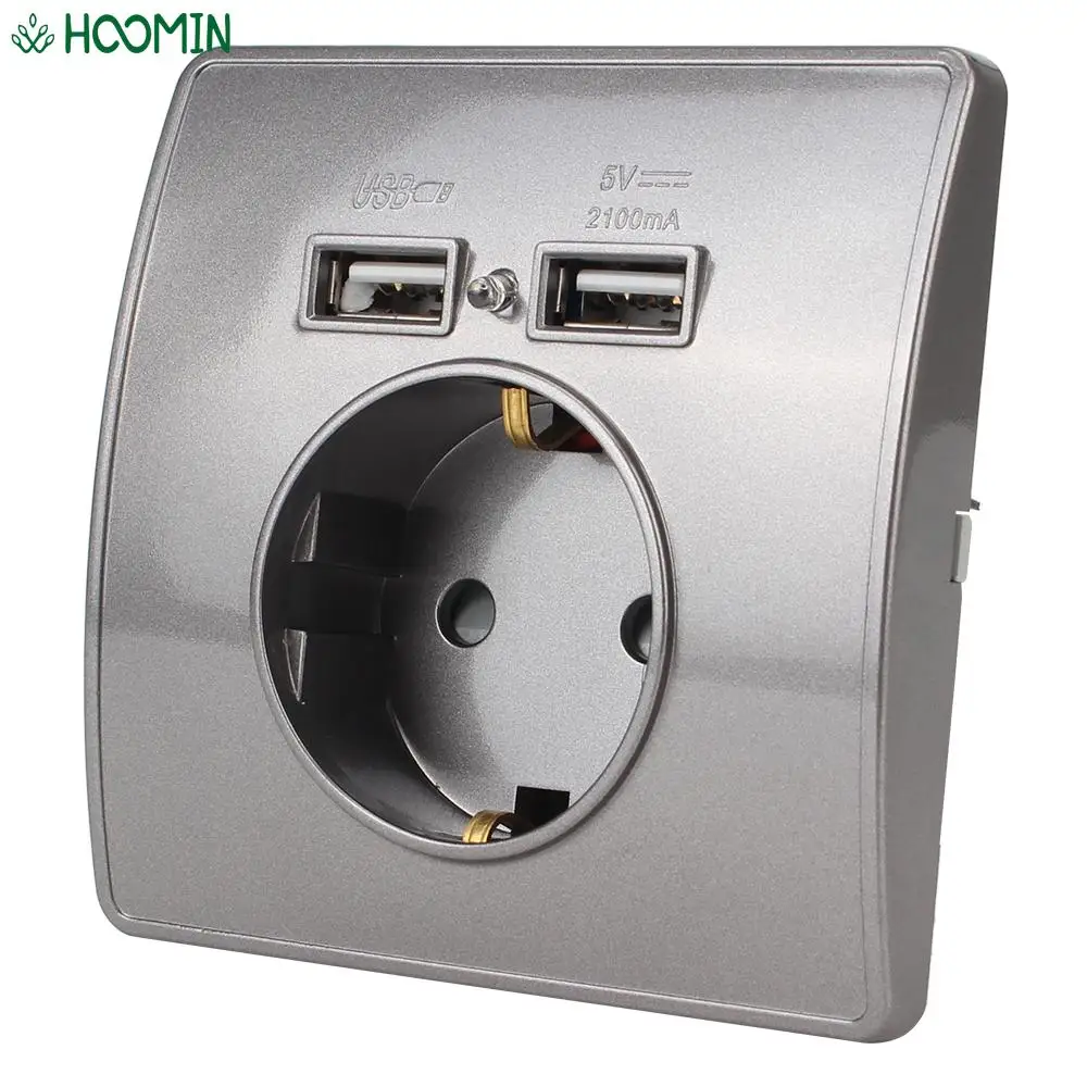 

2 USB 5V 2.1A Power Outlets EU Standard Wall Germany Plug Socket PC Panel Grounded Charging Electrical Wall Charger Adapter