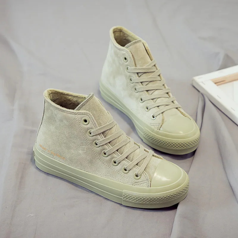 High-top Shoes Women Winter New Non-slip Solid Color Letter Flock Shoes Comfortable Flat Casual Women's Vulcanize Shoes