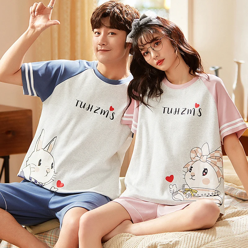 

Ladies Patchwork Cute Princess Wind Sleepwear Summer Couple Pajamas Suit Brown Bunny Casual Round Neck Short-sleeved Home Wear