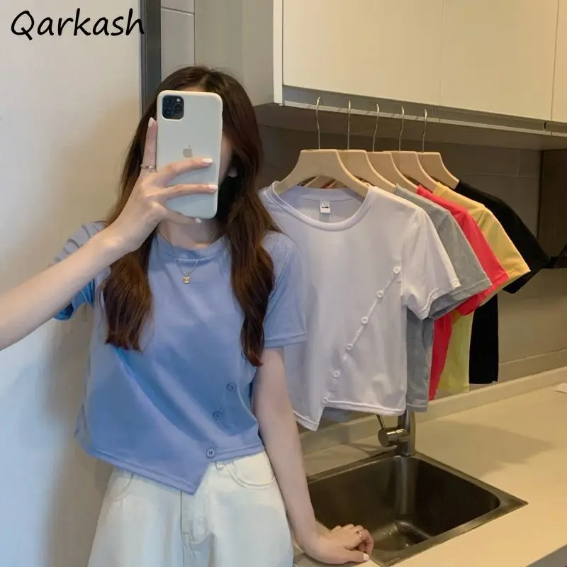 

Футболка женская ассиметричная, модный кроп-топ в стиле Instagram разных цветов, Базовая Универсальная однотонная простая повседневная одежда ...