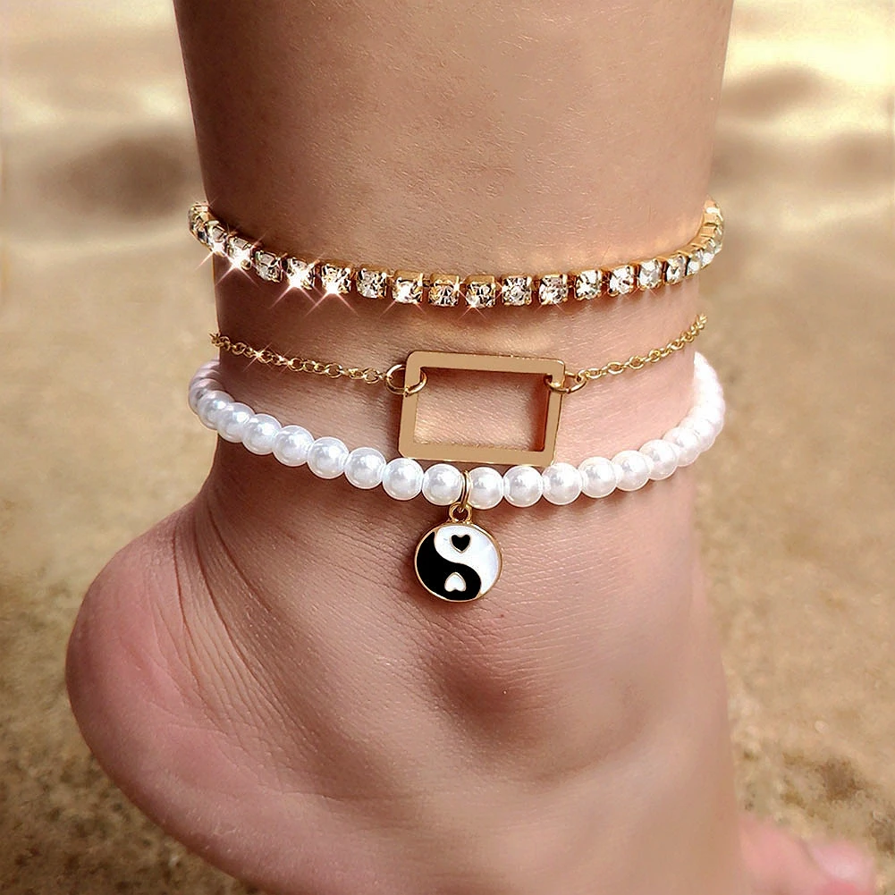 

Bohemian Enamel Yin Yang Gossip Anklet For Women Multi-layer Crystal Tennis Chain Anklets Bracelet Barefoot Beach Jewelry Gifts